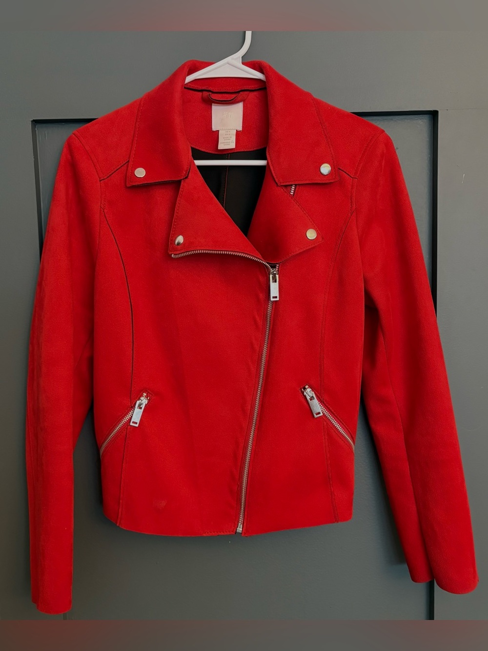 Faux Suede Red Jacket H&M Women’s Size 6 Moto Biker Statement Jacket